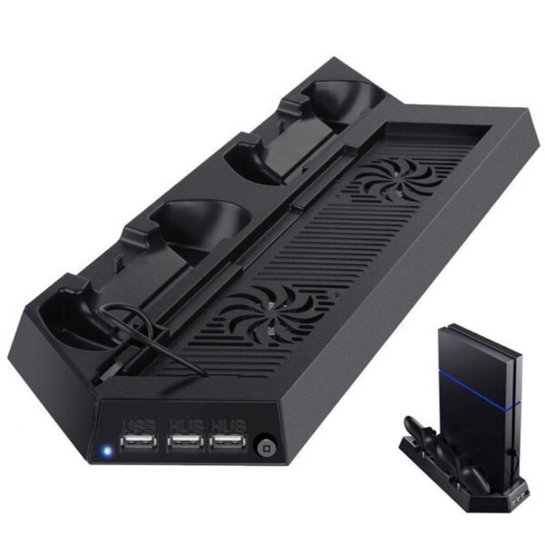 Base Soporte Vertical Doble Fan y  Carga Controles Para Ps4 Fat y Slim