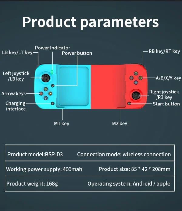 Joystick Control Mando Bluetooth para Celulares Android e ios Teclas Retroiluminadas Negro